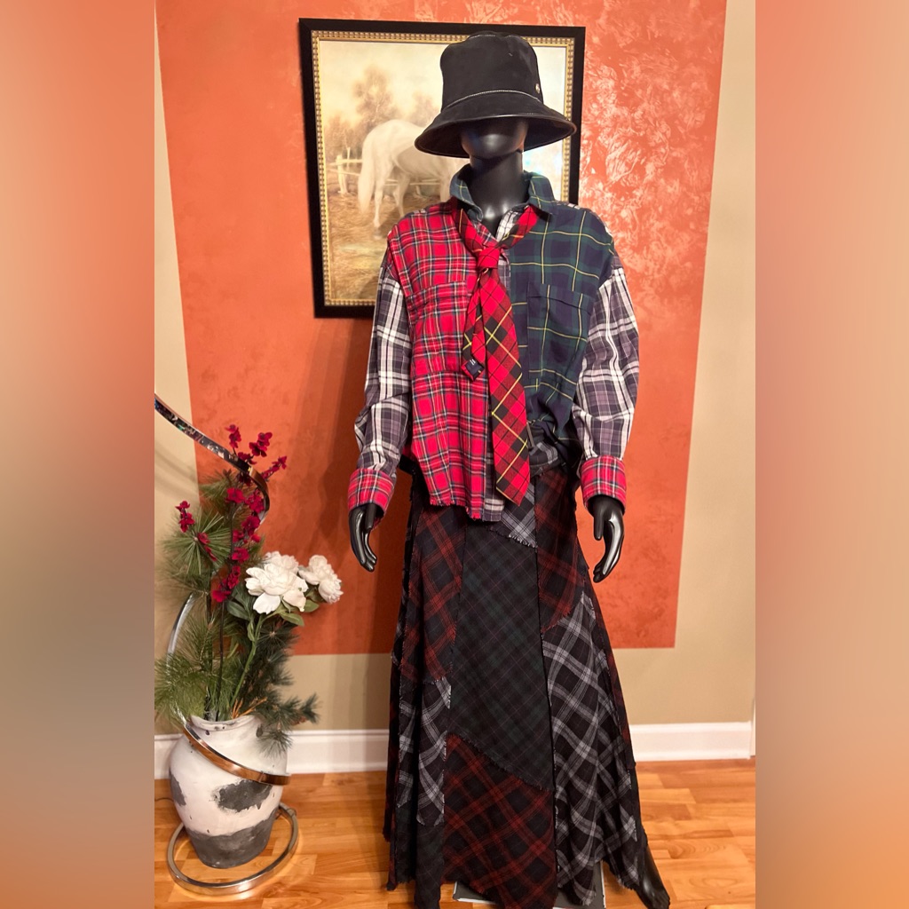 Free People Small Patchwork Christmas Tartan Plaid Fringe Set Of Skirt And Shirt